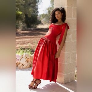 Red Bow-Shoulder Maxi Dress - Unknown Brand